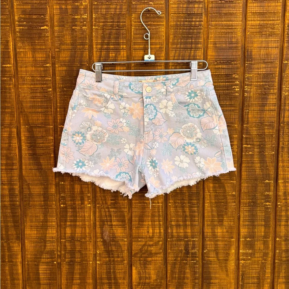 Altar’d State Light Blue & Light Pink Floral Cut Off Denim Jean Shorts
